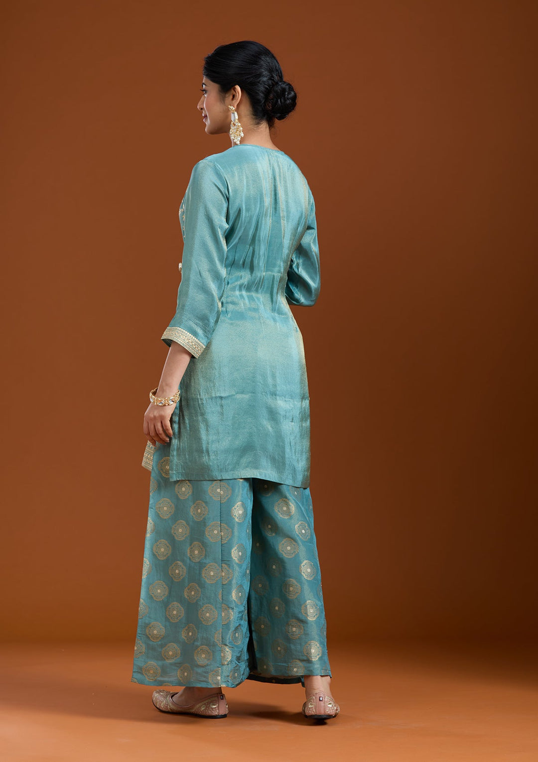 Turquoise Blue Pitawork Tissue Readymade Salwar Suit-Koskii