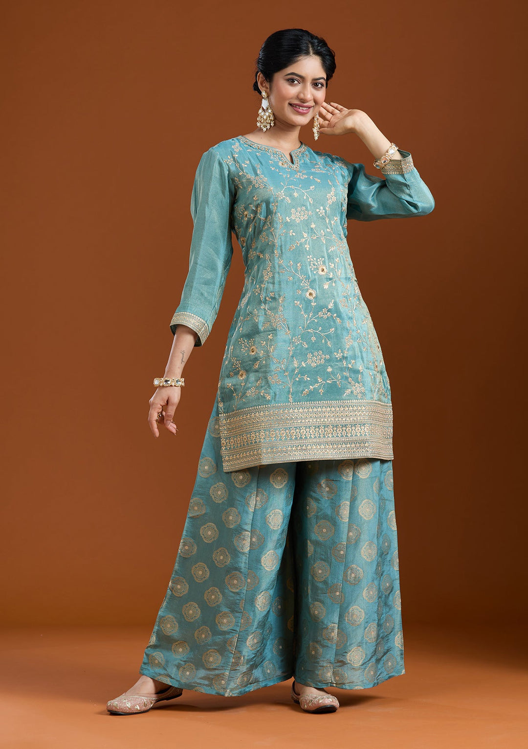 Turquoise Blue Pitawork Tissue Readymade Salwar Suit-Koskii