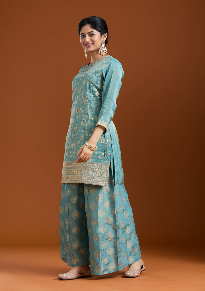 Turquoise Blue Pitawork Tissue Readymade Salwar Suit-Koskii