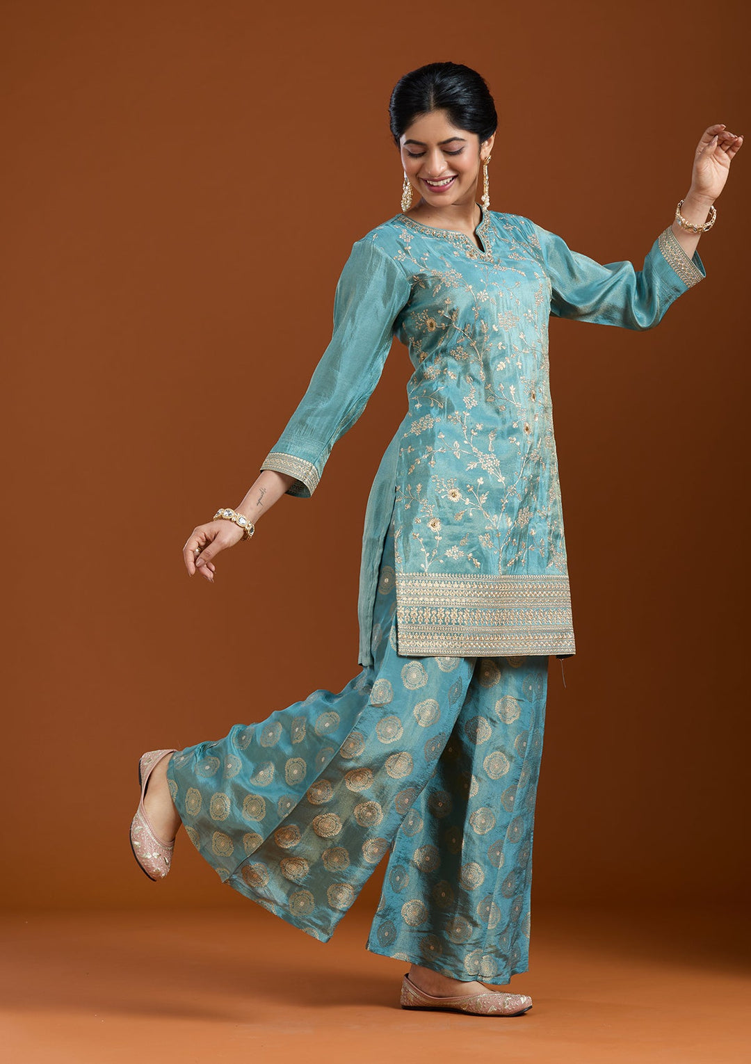 Turquoise Blue Pitawork Tissue Readymade Salwar Suit-Koskii