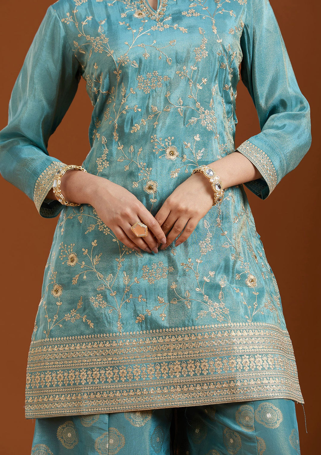 Turquoise Blue Pitawork Tissue Readymade Salwar Suit-Koskii