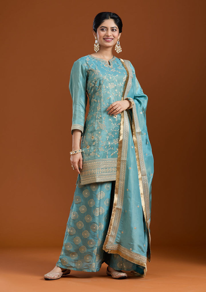 Turquoise Blue Pitawork Tissue Readymade Salwar Suit-Koskii