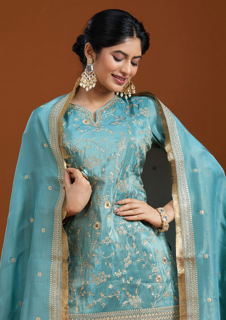 Turquoise Blue Pitawork Tissue Readymade Salwar Suit-Koskii