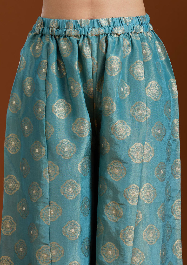 Turquoise Blue Pitawork Tissue Readymade Salwar Suit-Koskii