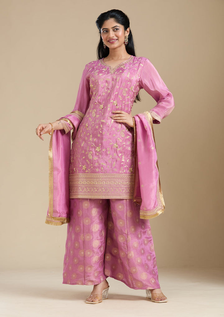 Dark Onion Pink Pitawork Tissue Readymade Salwar Suit-koskii