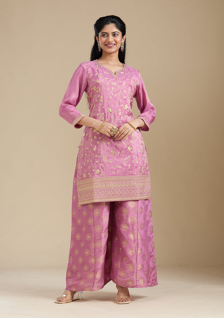 Dark Onion Pink Pitawork Tissue Readymade Salwar Suit-koskii