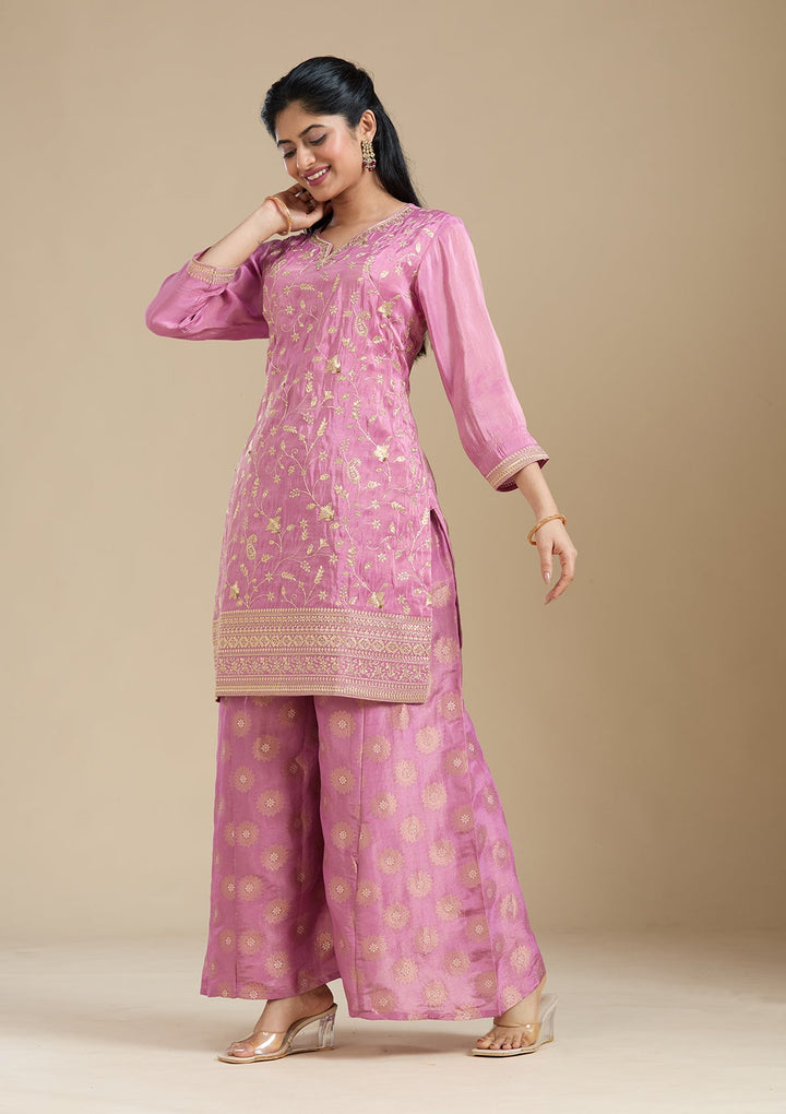 Dark Onion Pink Pitawork Tissue Readymade Salwar Suit-koskii