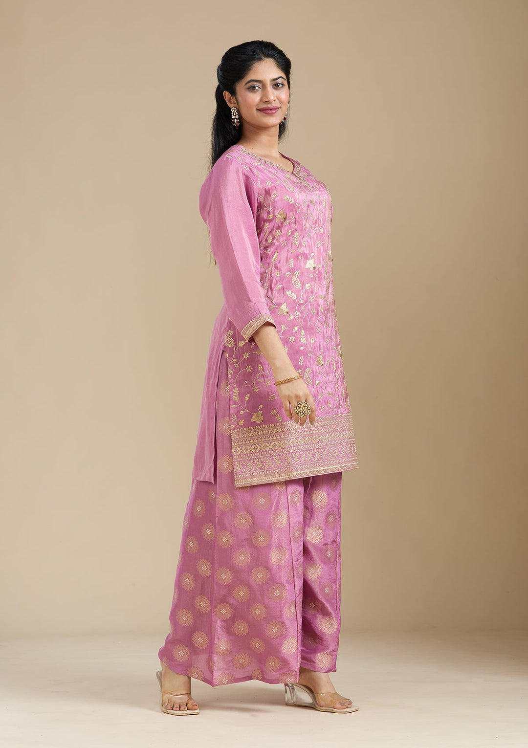 Dark Onion Pink Pitawork Tissue Readymade Salwar Suit-koskii