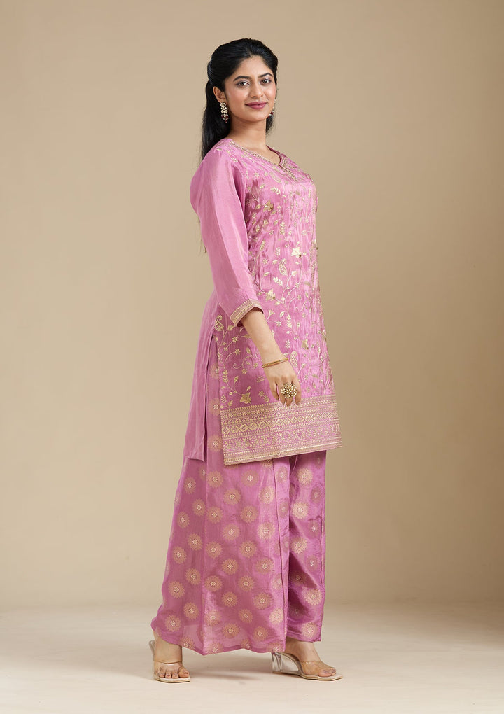 Dark Onion Pink Pitawork Tissue Readymade Salwar Suit-koskii