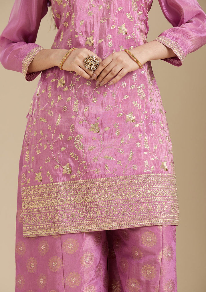 Dark Onion Pink Pitawork Tissue Readymade Salwar Suit-koskii
