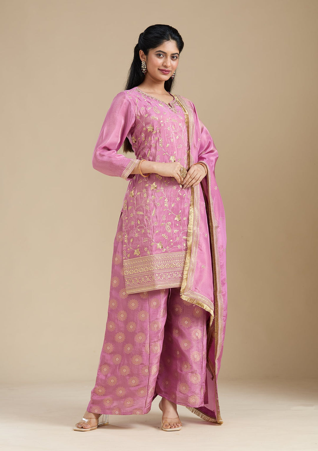 Dark Onion Pink Pitawork Tissue Readymade Salwar Suit-koskii