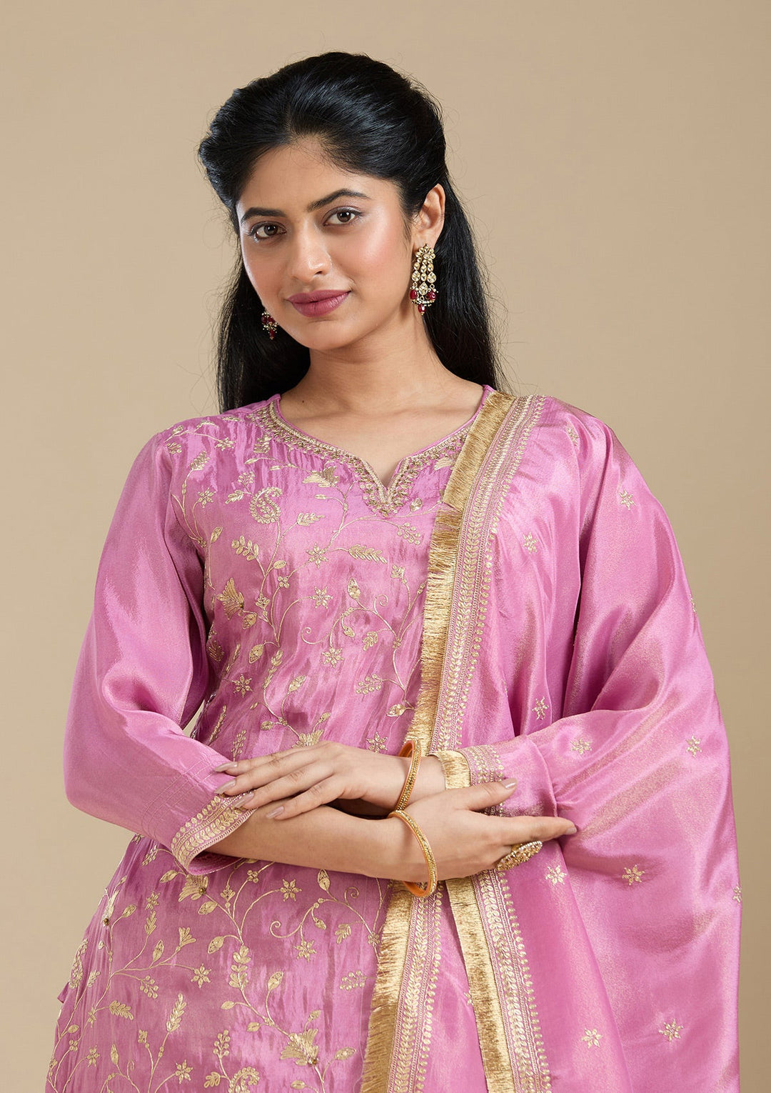Dark Onion Pink Pitawork Tissue Readymade Salwar Suit-koskii