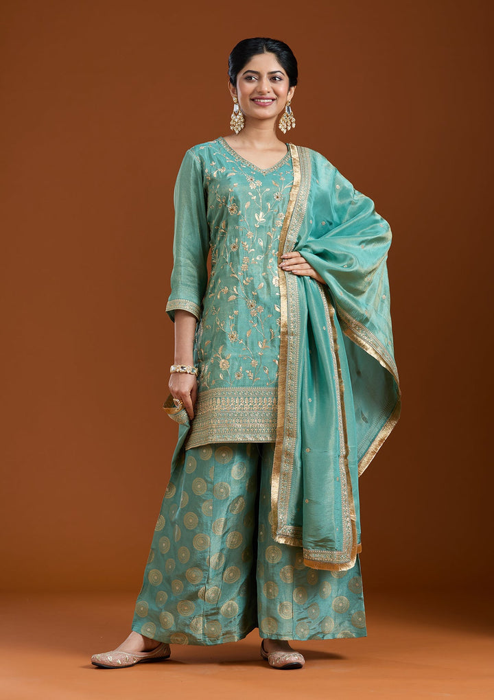 Sea Green Pitawork Tissue Readymade Salwar Suit-Koskii