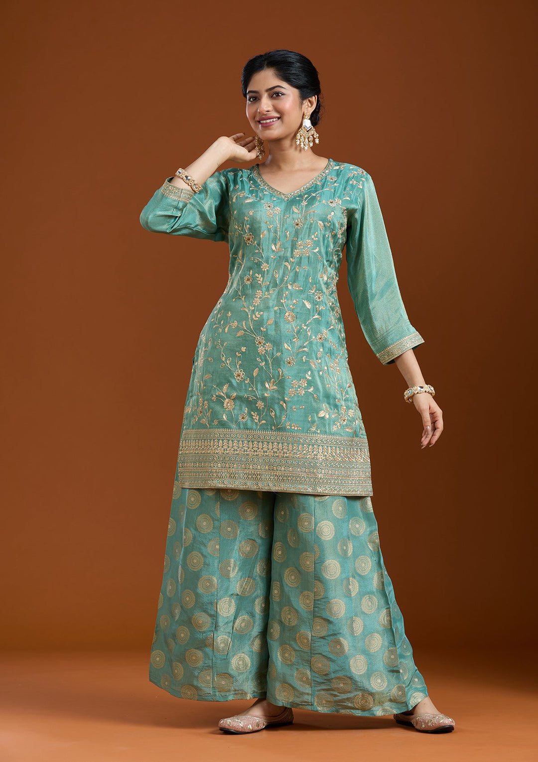 Sea Green Pitawork Tissue Readymade Salwar Suit-Koskii