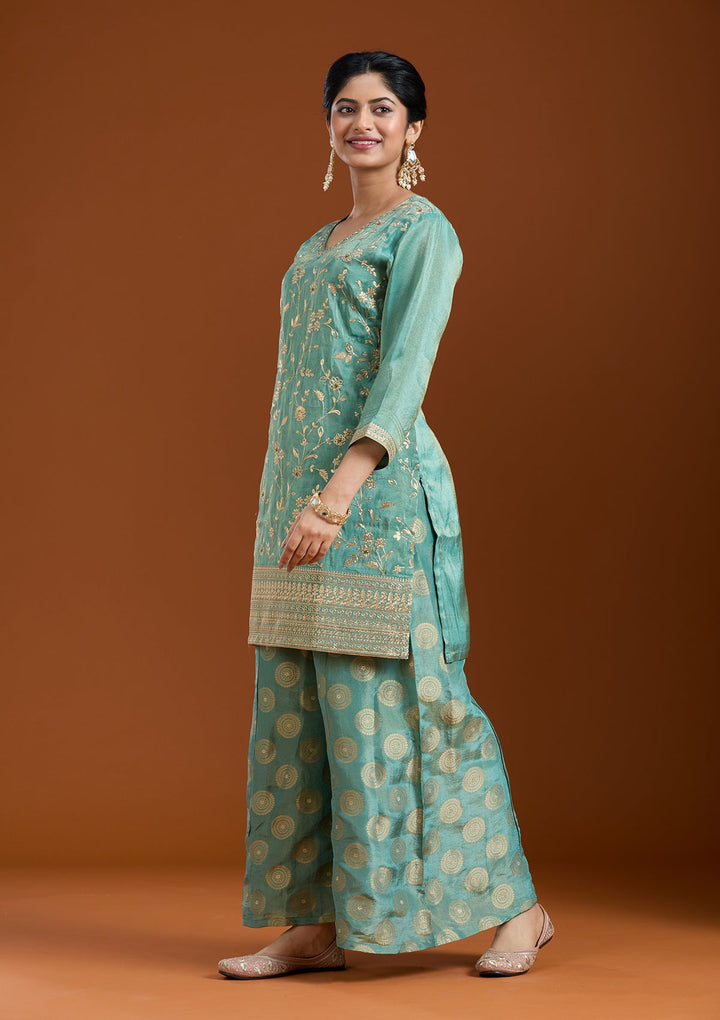 Sea Green Pitawork Tissue Readymade Salwar Suit-Koskii