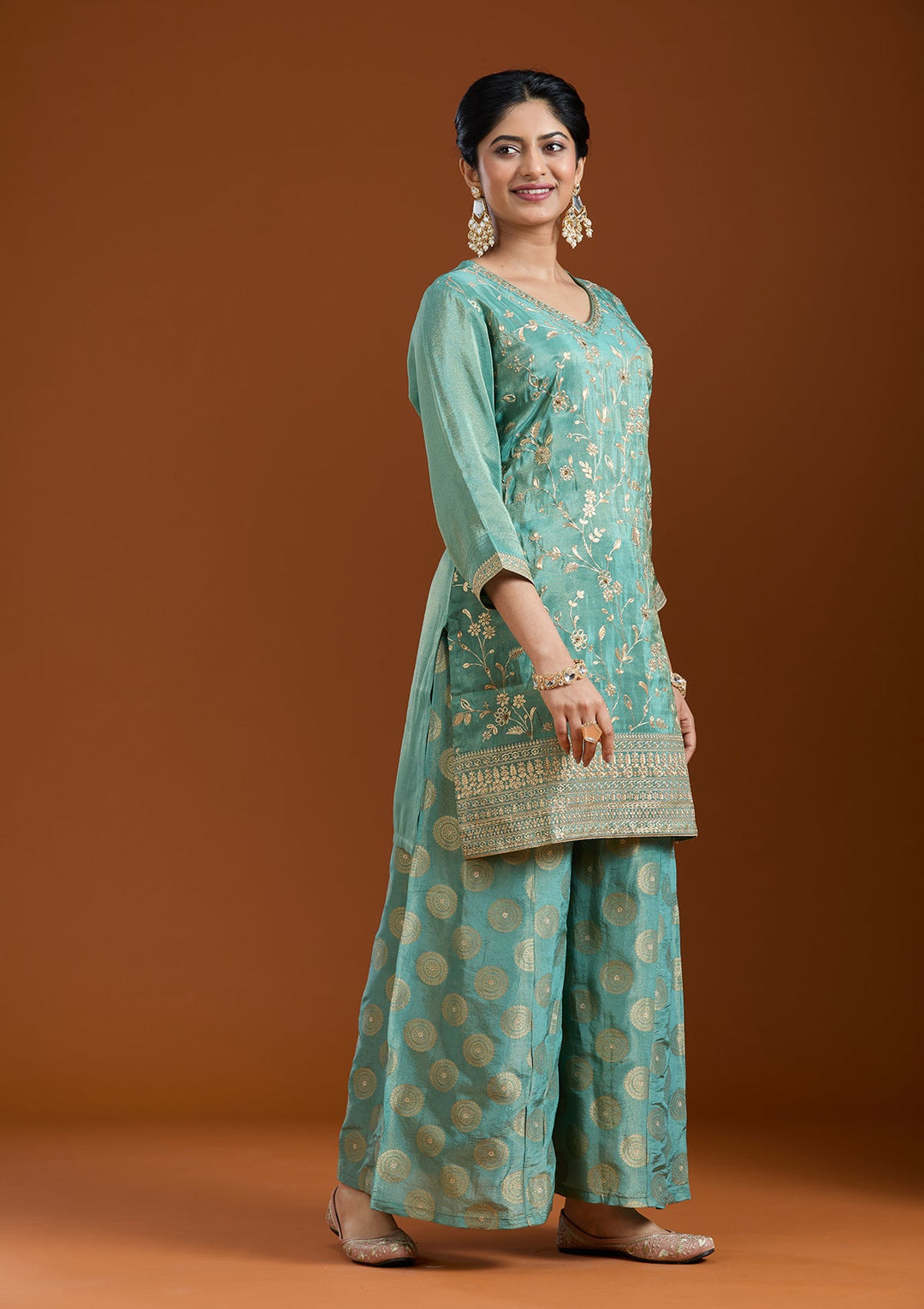 Sea Green Pitawork Tissue Readymade Salwar Suit-Koskii