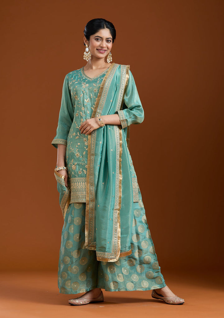 Sea Green Pitawork Tissue Readymade Salwar Suit-Koskii