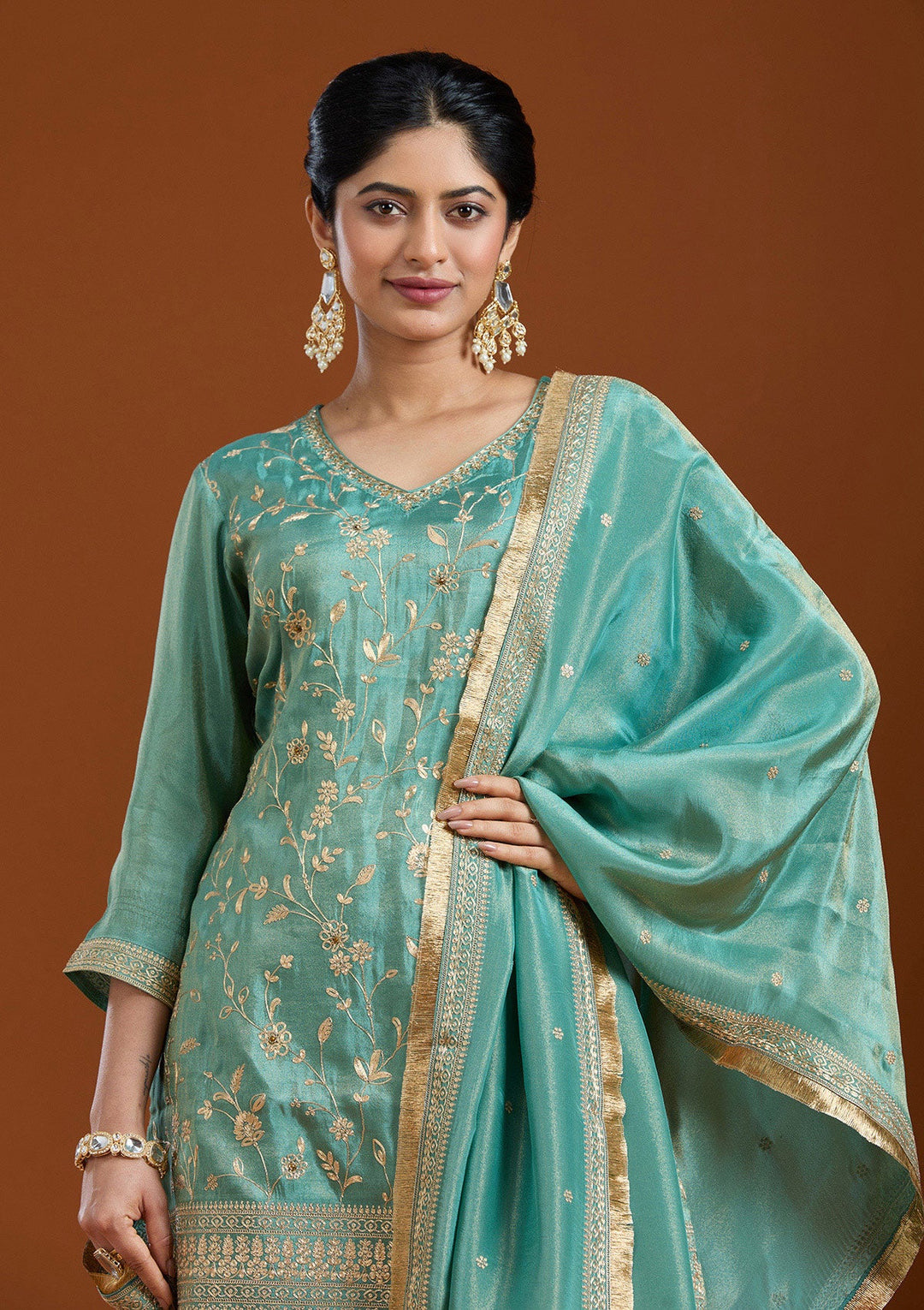 Sea Green Pitawork Tissue Readymade Salwar Suit-Koskii