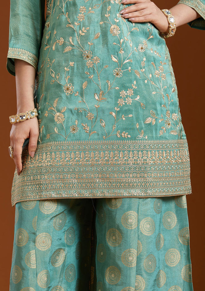 Sea Green Pitawork Tissue Readymade Salwar Suit-Koskii
