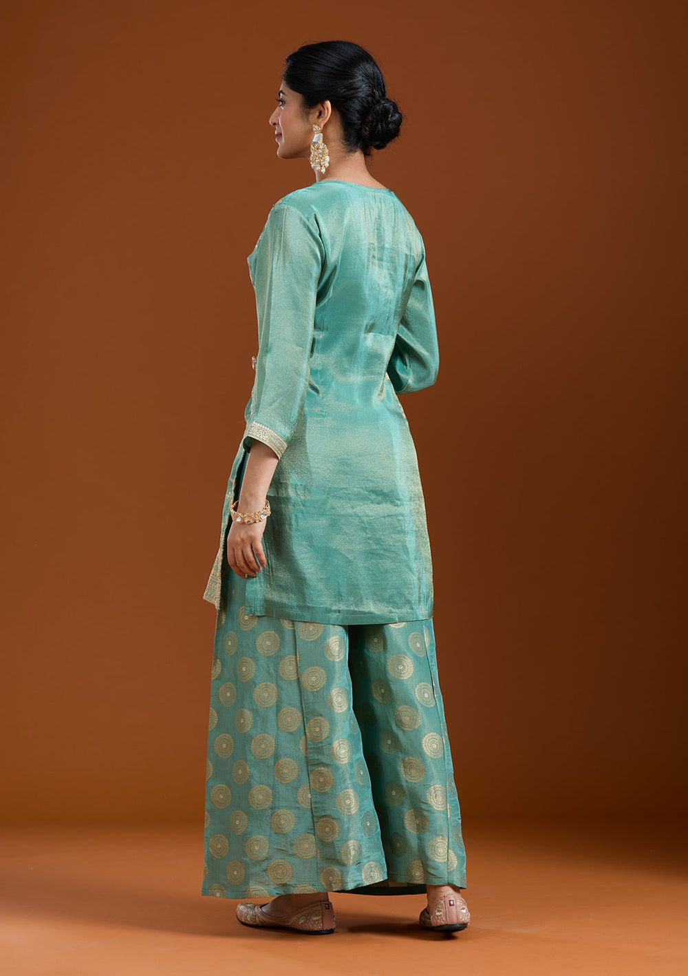 Sea Green Pitawork Tissue Readymade Salwar Suit-Koskii