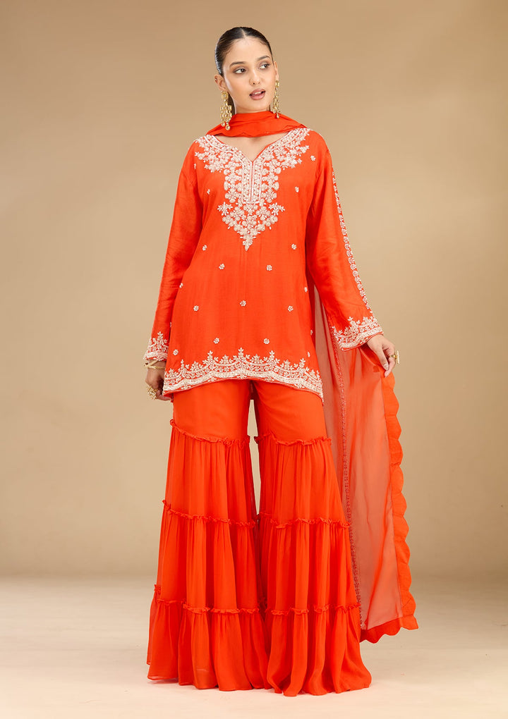 Rust Pearlwork Georgette Readymade Salwar Suit
