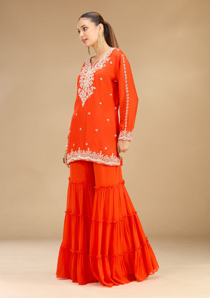 Rust Pearlwork Georgette Readymade Salwar Suit