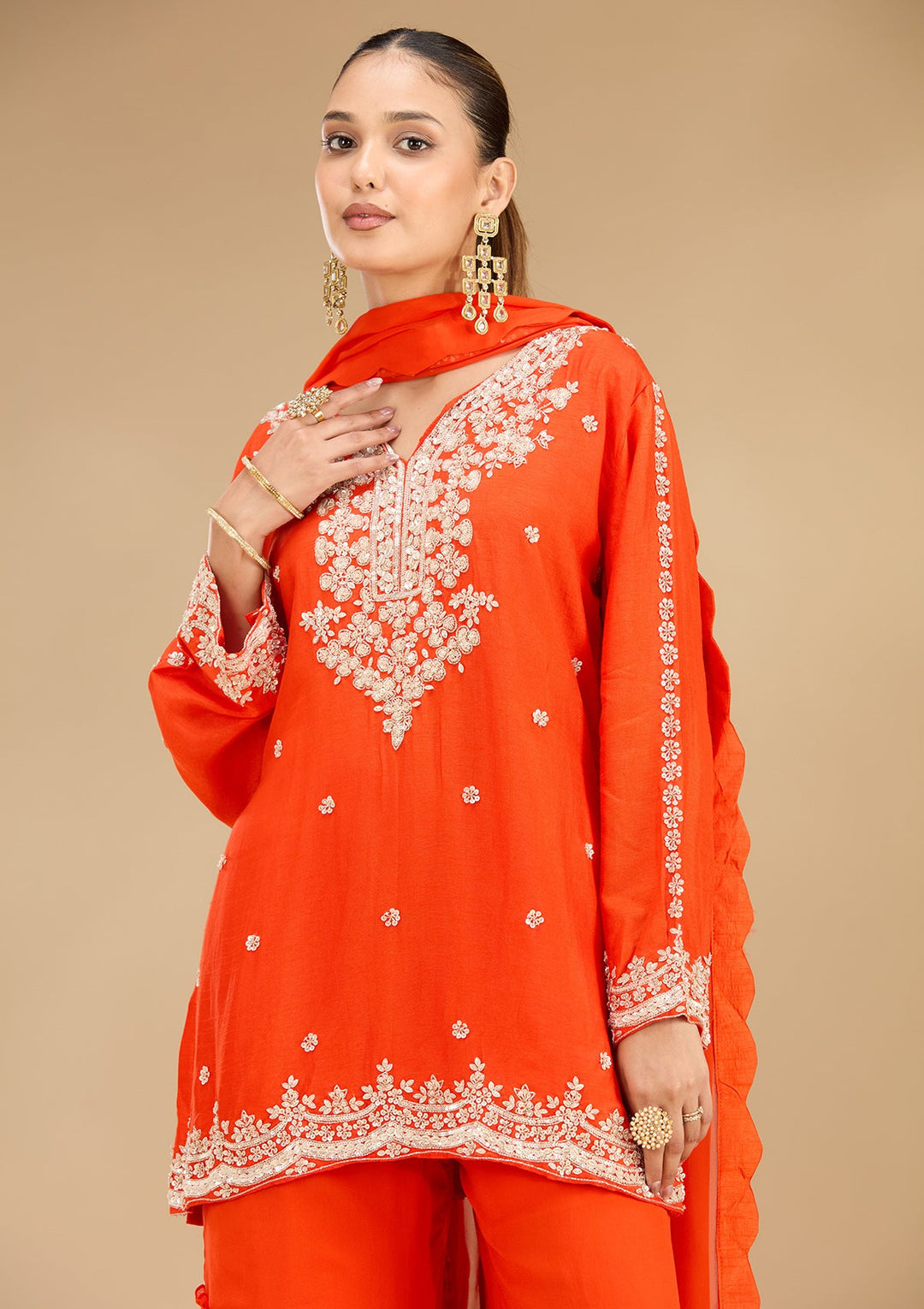 Rust Pearlwork Georgette Readymade Salwar Suit