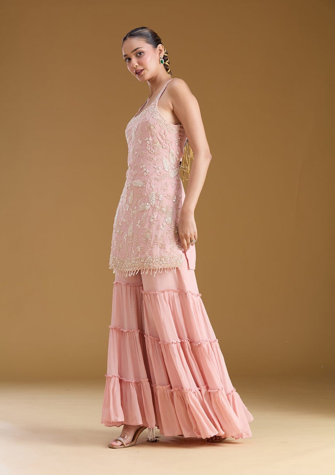 Pink Threadwork Crepe Readymade Salwar Suit