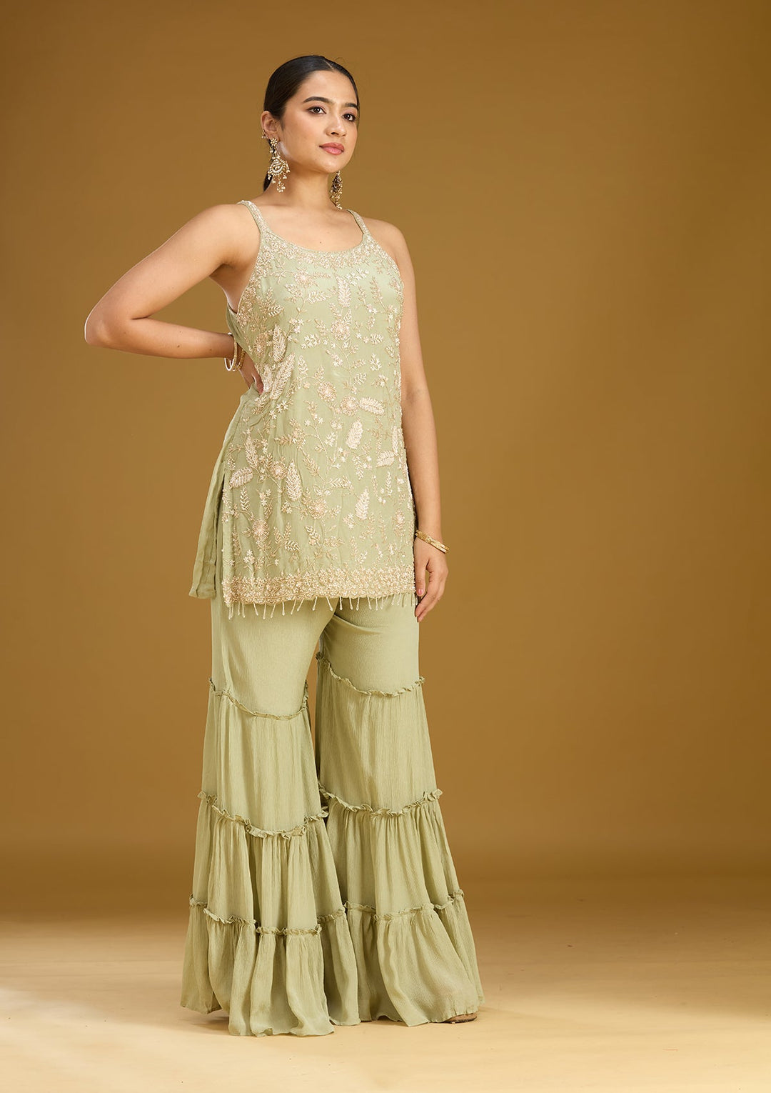 Pista Green Threadwork Crepe Readymade Salwar Suit