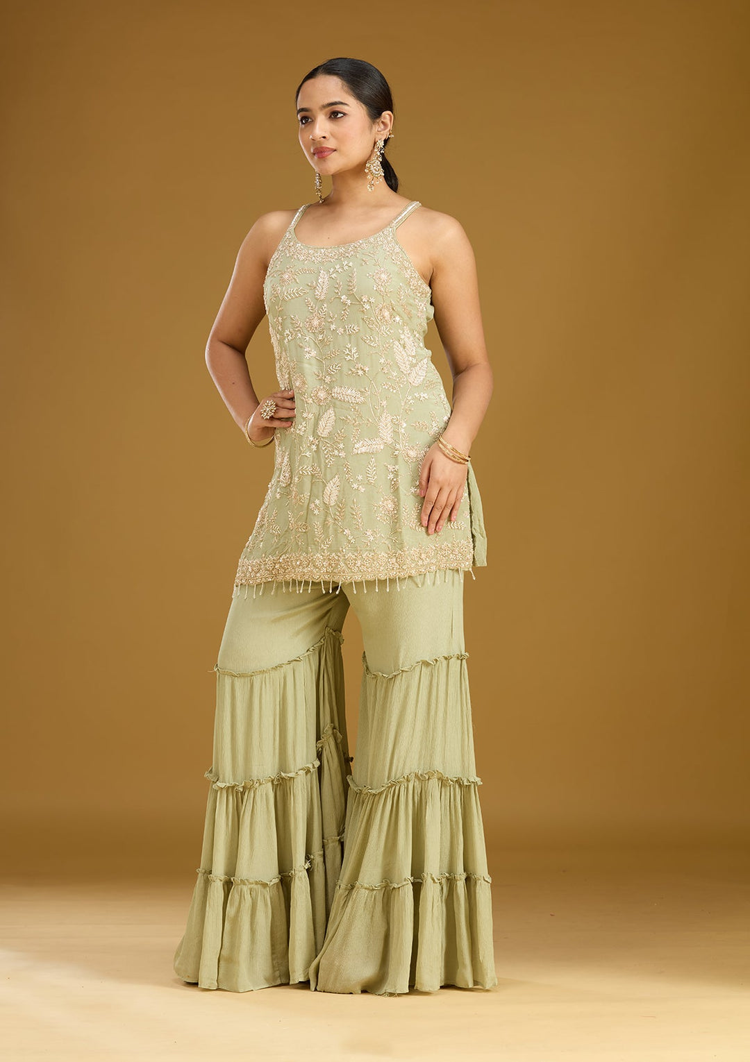 Pista Green Threadwork Crepe Readymade Salwar Suit