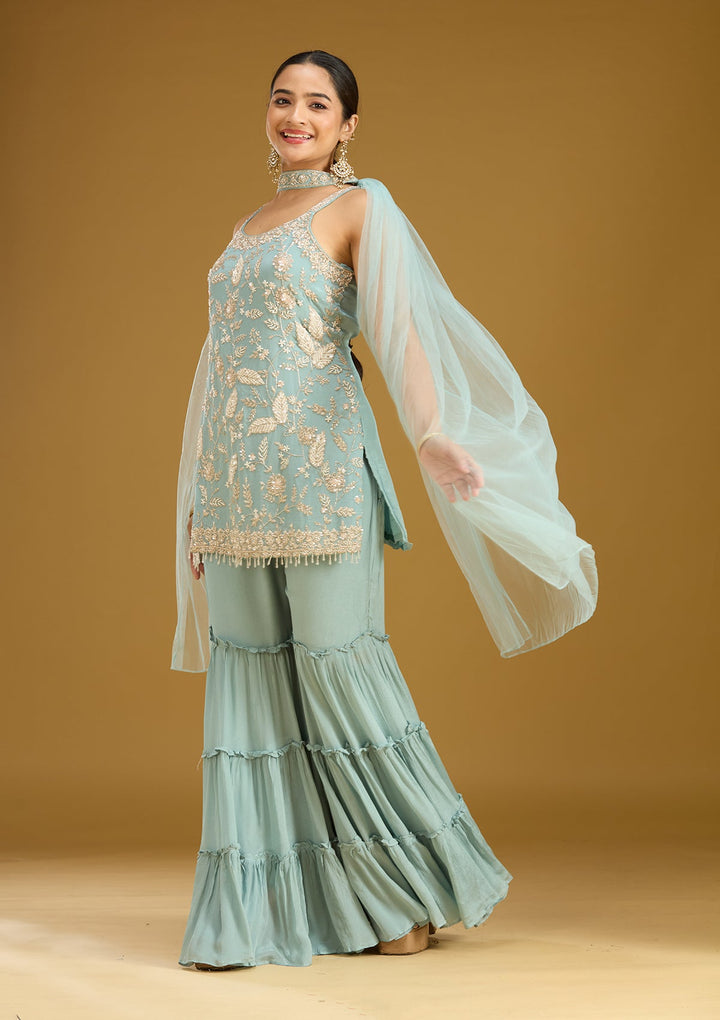 Sea Green Threadwork Crepe Readymade Salwar Suit