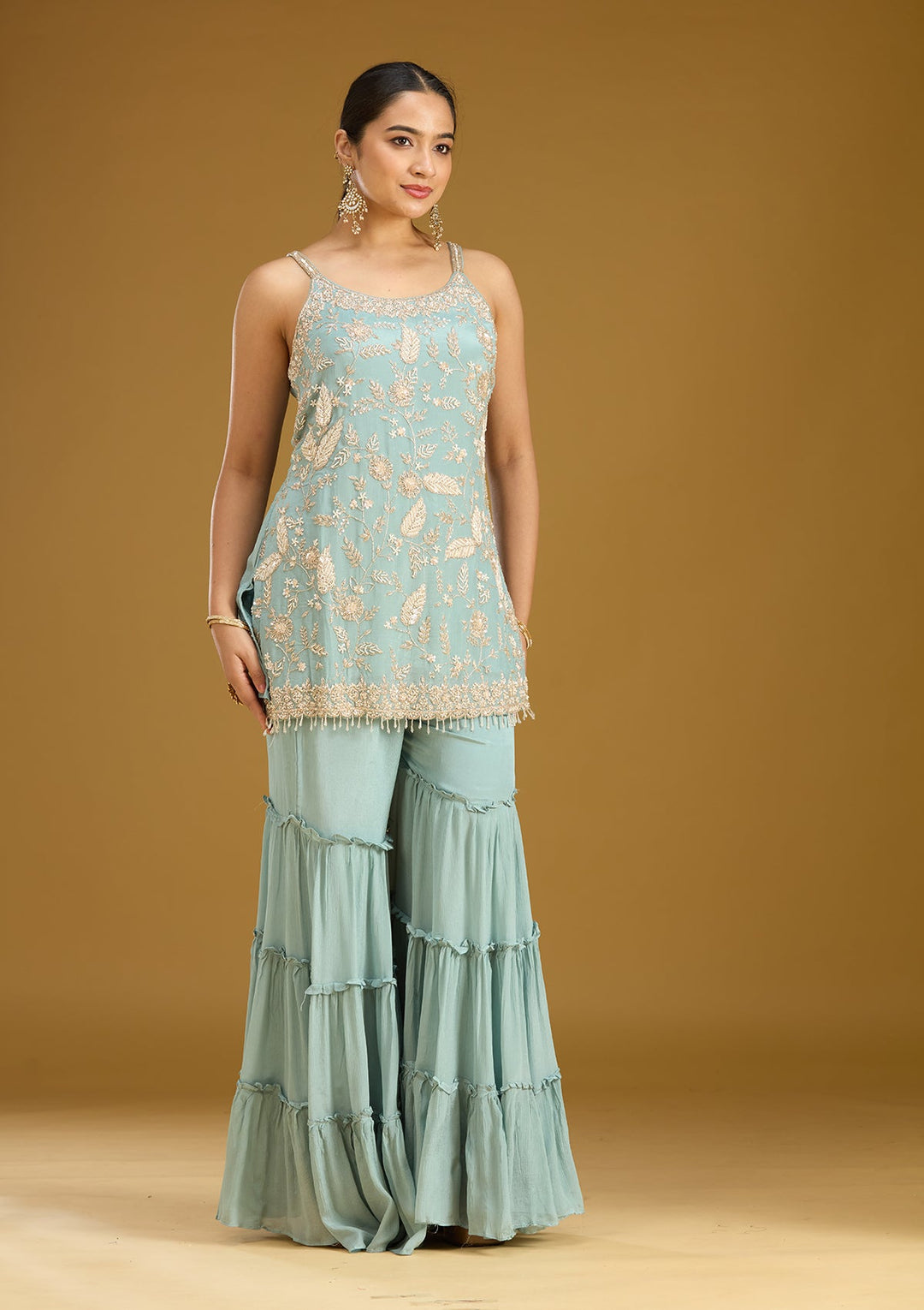 Sea Green Threadwork Crepe Readymade Salwar Suit