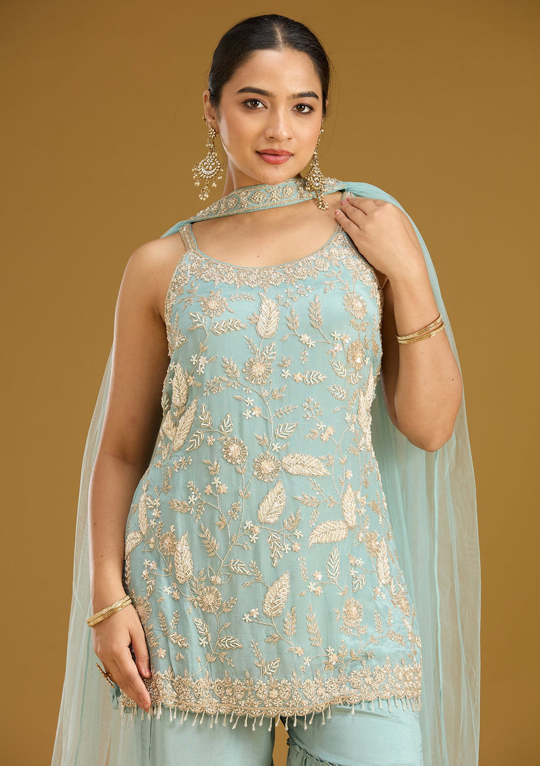 Sea Green Threadwork Crepe Readymade Salwar Suit