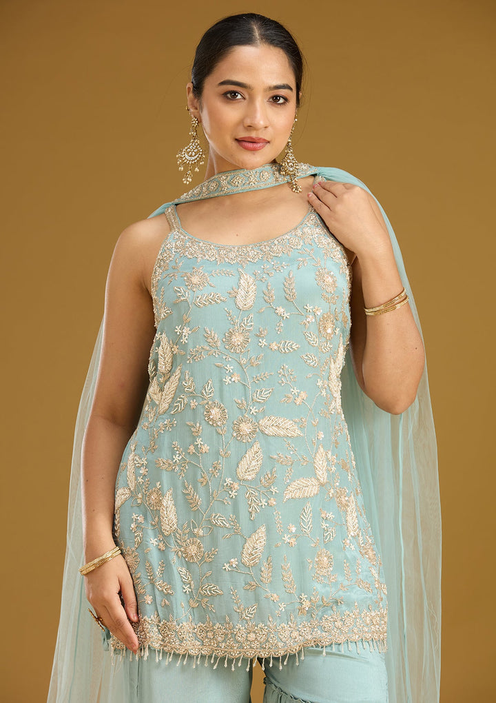Sea Green Threadwork Crepe Readymade Salwar Suit