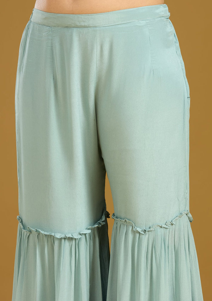 Sea Green Threadwork Crepe Readymade Salwar Suit