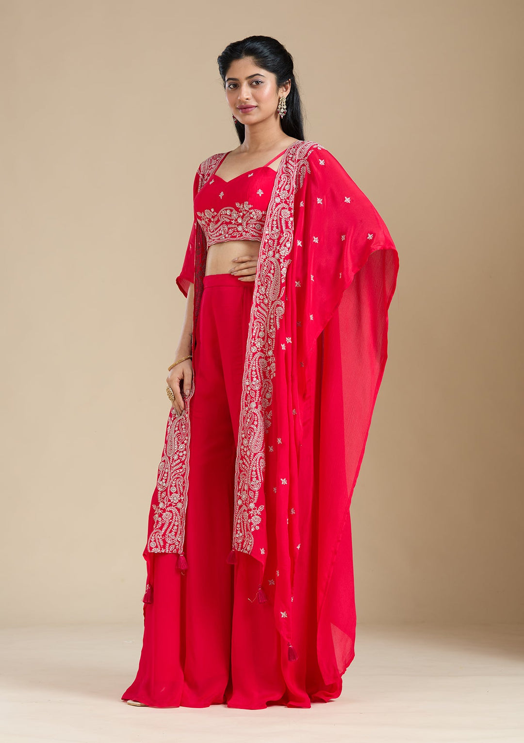Rani Pink Zariwork (Gold) Chiffon Readymade Salwar Suit-Koskii