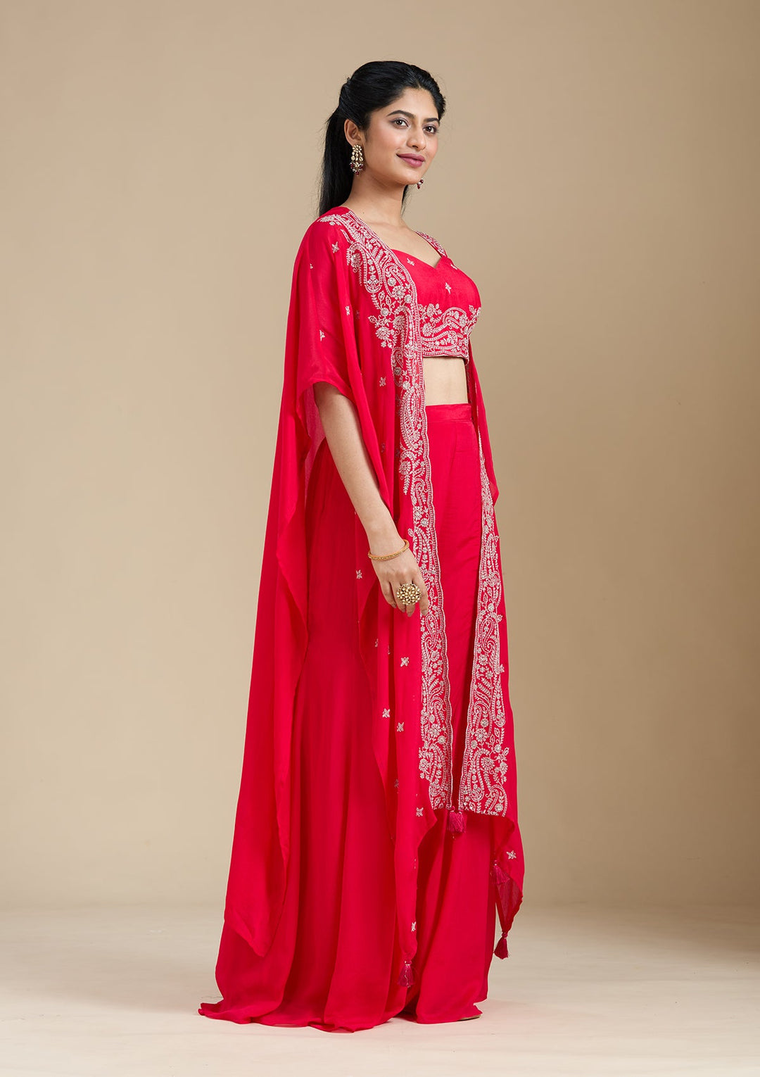 Rani Pink Zariwork (Gold) Chiffon Readymade Salwar Suit-Koskii