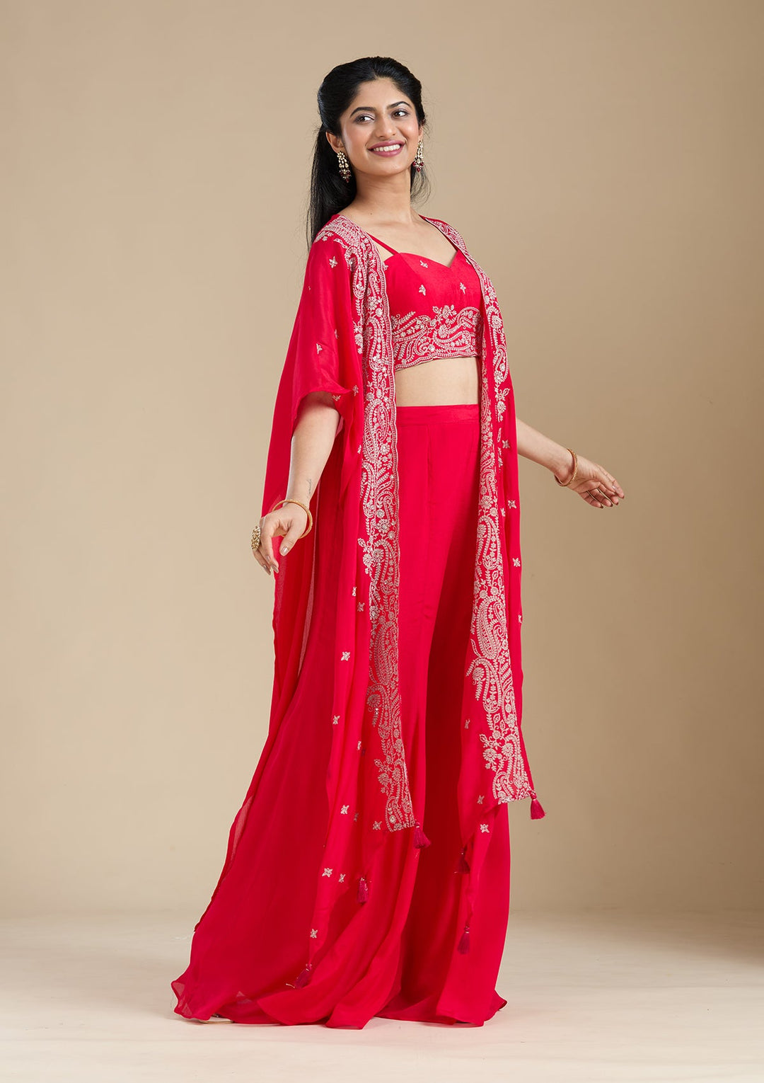 Rani Pink Zariwork (Gold) Chiffon Readymade Salwar Suit-Koskii