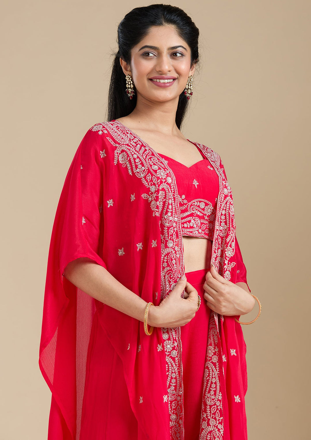 Rani Pink Zariwork (Gold) Chiffon Readymade Salwar Suit-Koskii