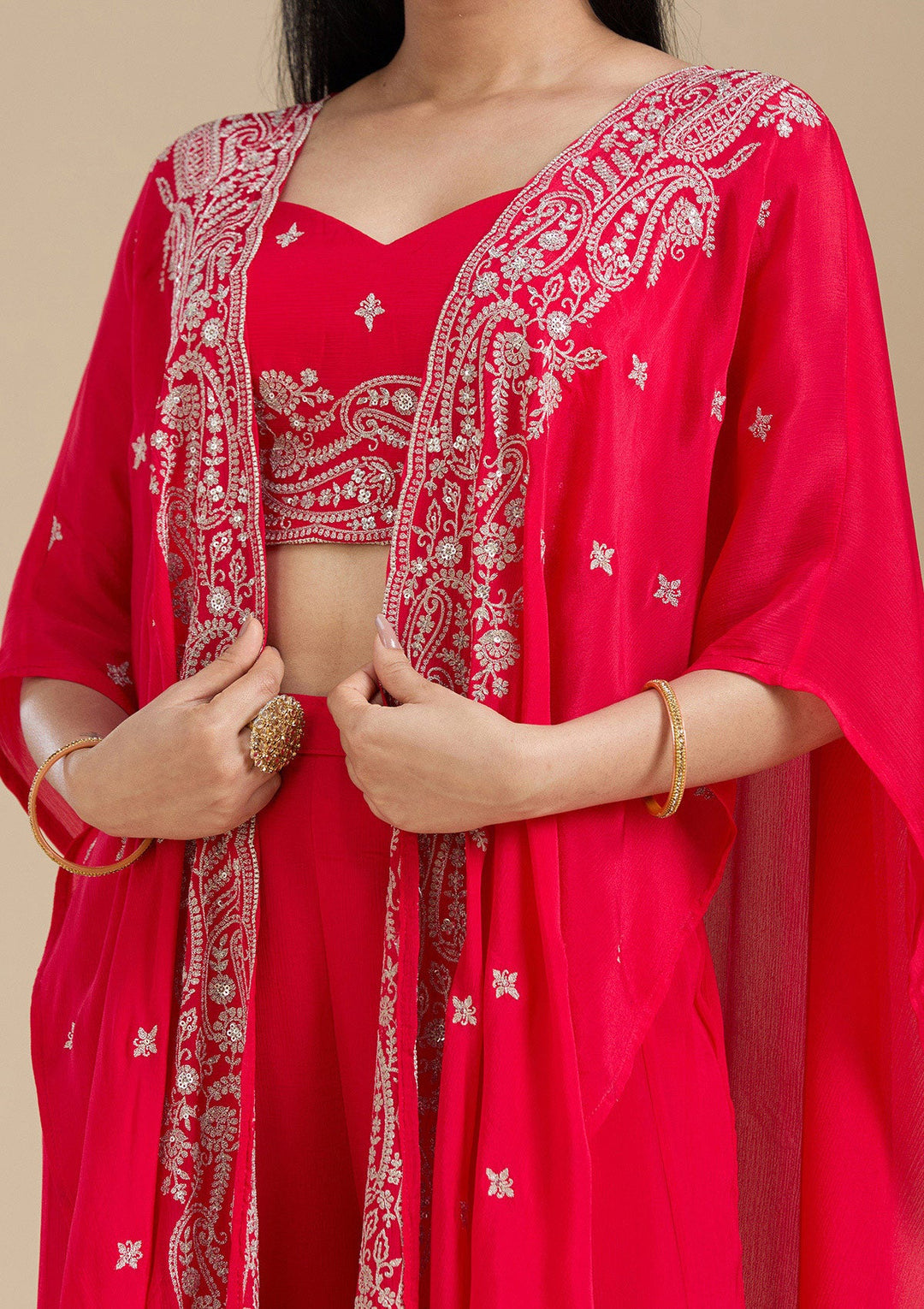 Rani Pink Zariwork (Gold) Chiffon Readymade Salwar Suit-Koskii