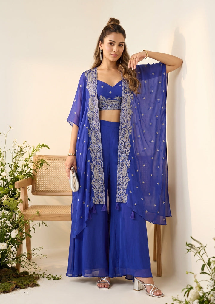Royal Blue Chiffon Gold Zariwork Crop Top Kurta With Palazzo And Dupatta