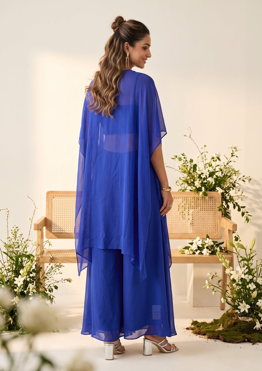 Royal Blue Chiffon Gold Zariwork Crop Top Kurta With Palazzo And Dupatta