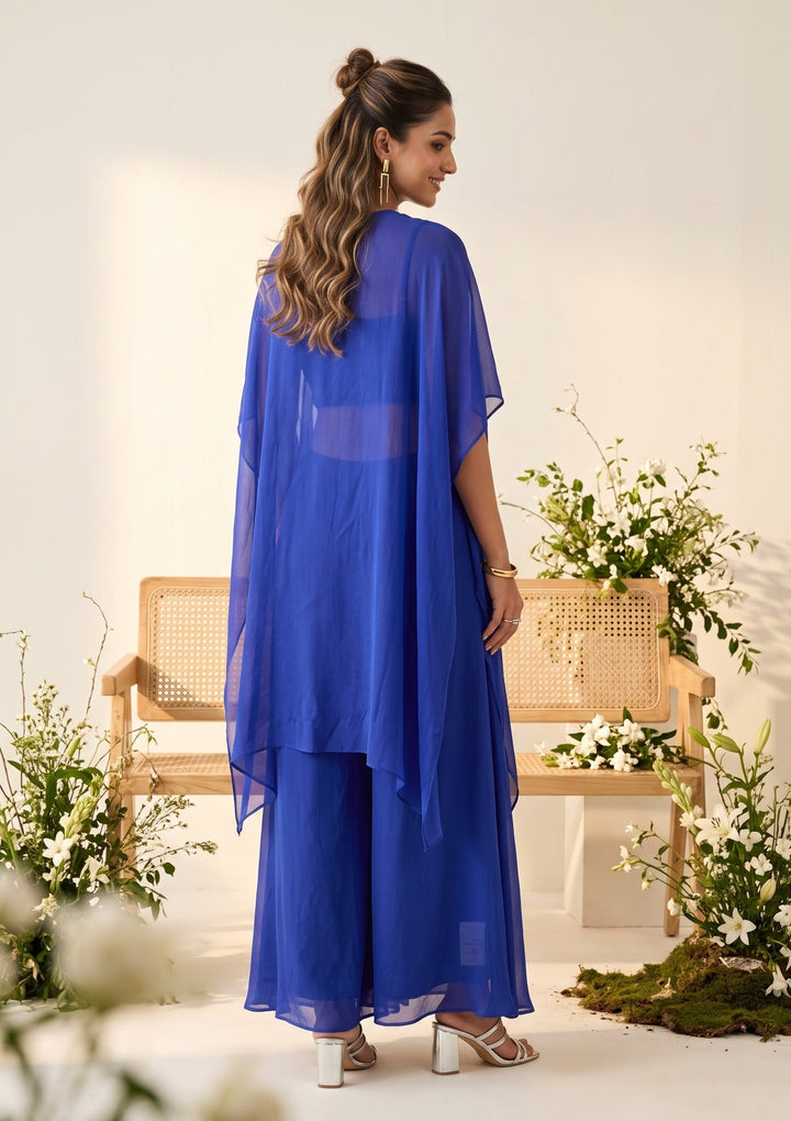Royal Blue Chiffon Gold Zariwork Crop Top Kurta With Palazzo And Dupatta
