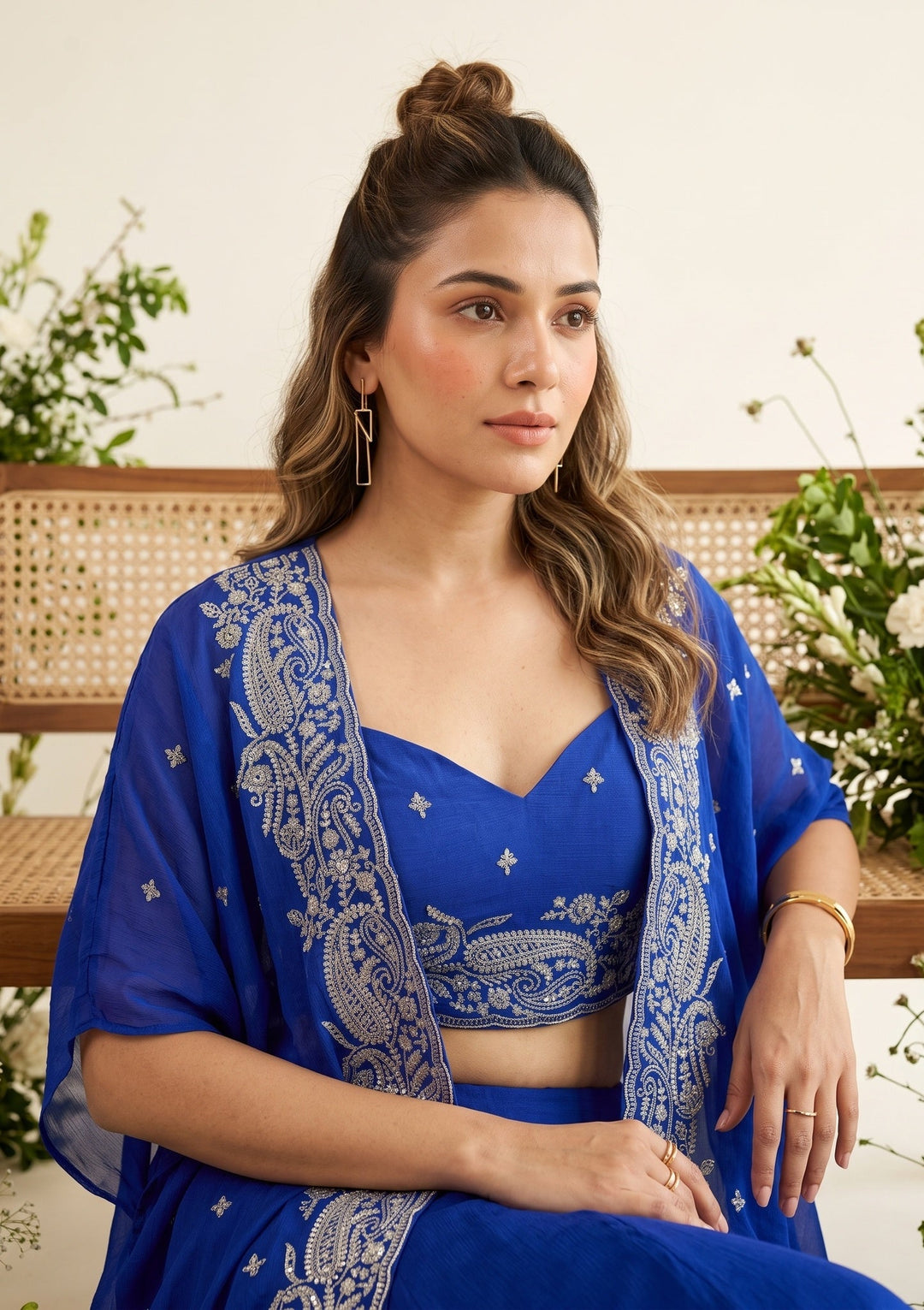 Royal Blue Chiffon Gold Zariwork Crop Top Kurta With Palazzo And Dupatta
