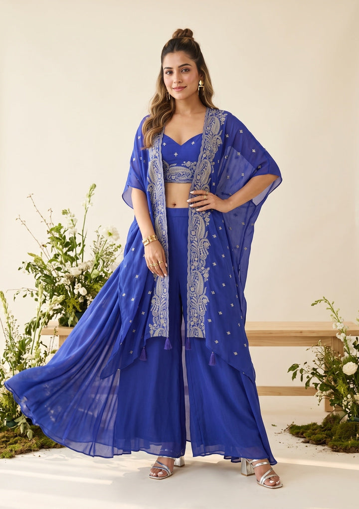 Royal Blue Chiffon Gold Zariwork Crop Top Kurta With Palazzo And Dupatta