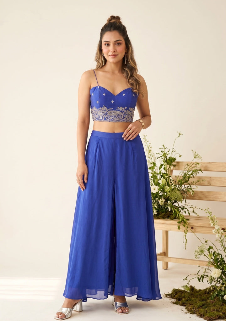 Royal Blue Chiffon Gold Zariwork Crop Top Kurta With Palazzo And Dupatta