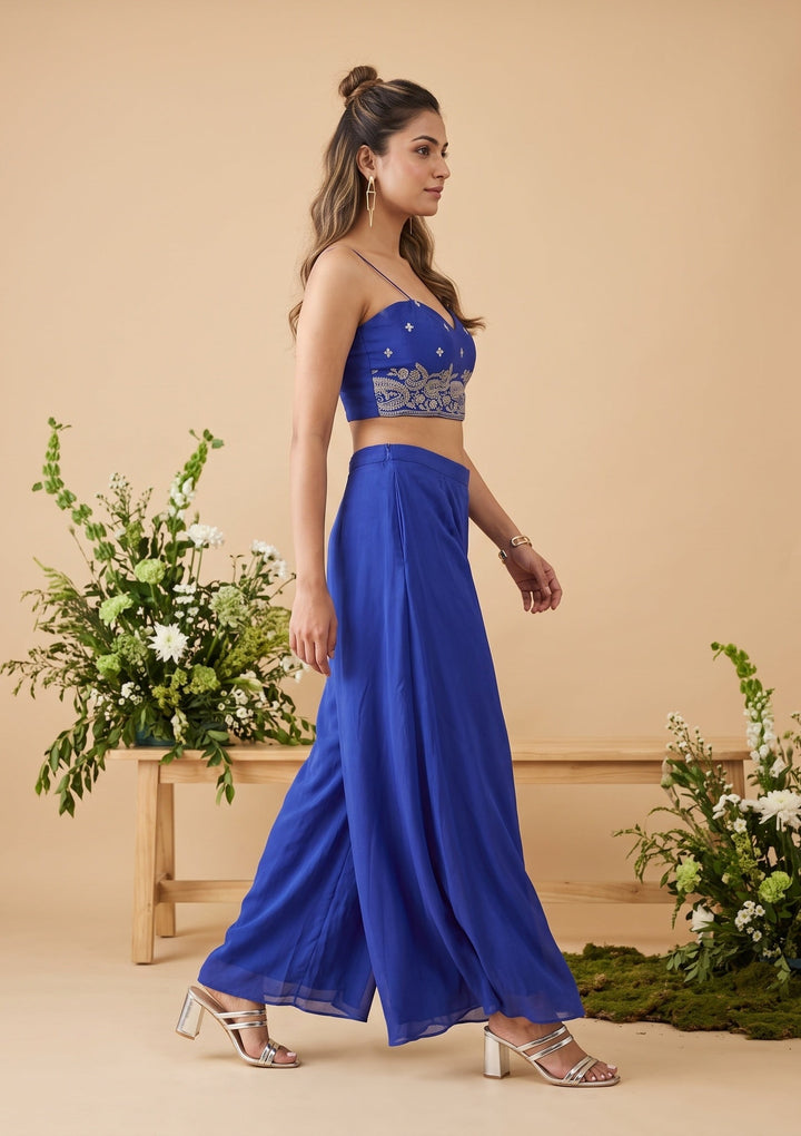 Royal Blue Chiffon Gold Zariwork Crop Top Kurta With Palazzo And Dupatta