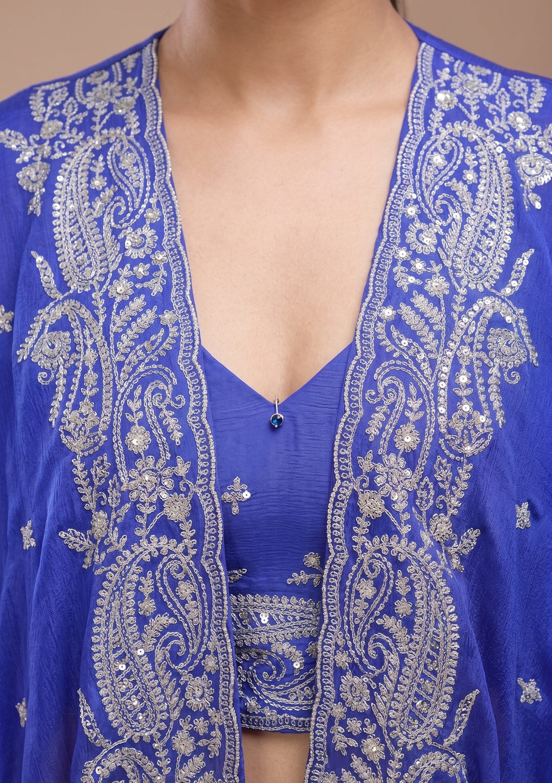 Royal Blue Chiffon Gold Zariwork Crop Top Kurta With Palazzo And Dupatta