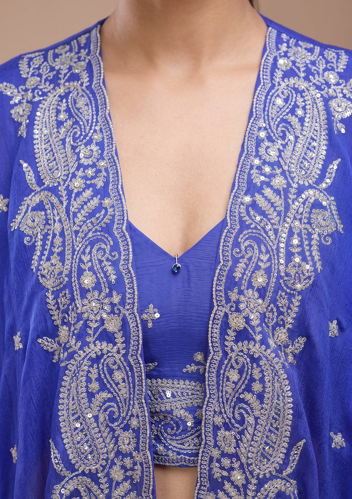 Royal Blue Chiffon Gold Zariwork Crop Top Kurta With Palazzo And Dupatta