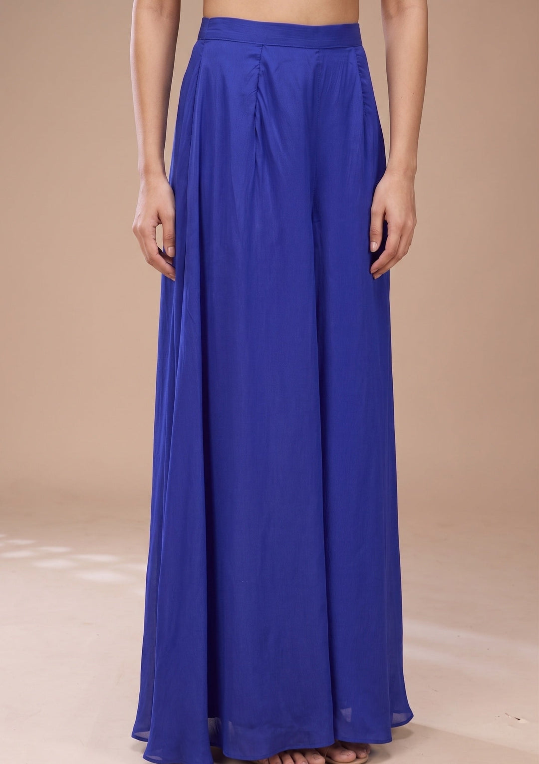 Royal Blue Chiffon Gold Zariwork Crop Top Kurta With Palazzo And Dupatta